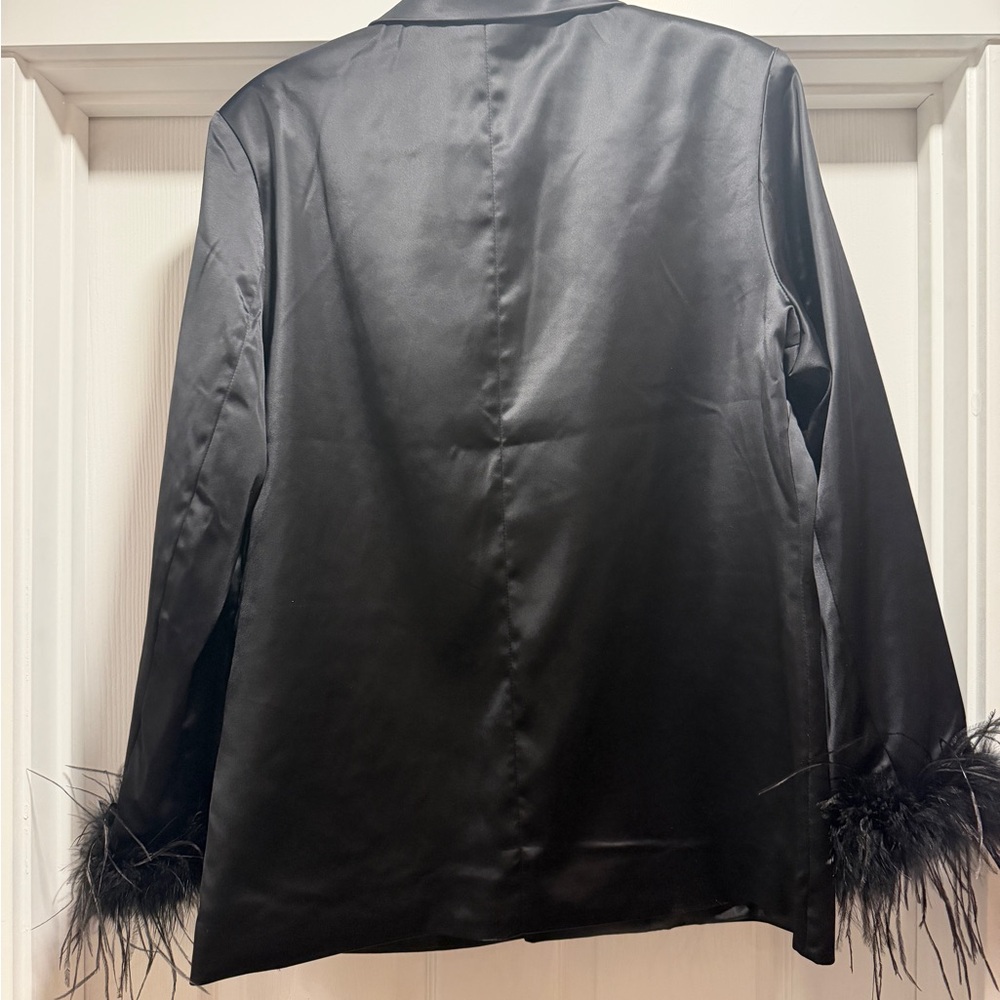 Sincerely Jules Black Satin Blazer with Feather Cuffs - Picture 2 of 3